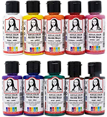 südor kırtasiye 1955 Monalisa Peinture Acrylique Kit de 10 couleurs 40 ml (Mona) et Pinceau Bois Pierre Aérographe Toile Peinture pour Enfants et Etudiants