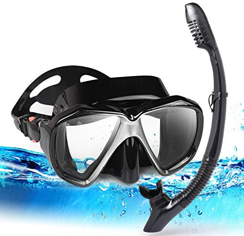Juego de esnórquel para adultos, equipo de esnórquel profesional, gafas de buceo panorámicas antivaho y máscara de buceo de vidrio templado para buceo, esnórquel y natación (juego negro y plateado)