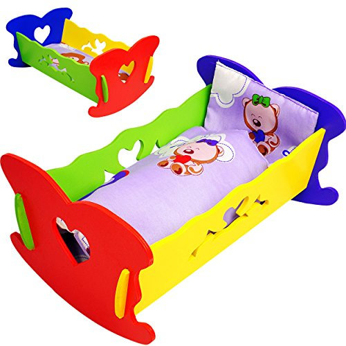 alles-meine.de GmbH Set: Puppenwiege/Puppenbett - mit Bettzeug - Herzen - Mädchen Farben - buntes Naturholz - für Puppen - Decke & Kopfkissen - Holz Wiege Kinderbett Bett B..