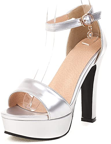 Lizoleor Sandali Tacco Largo Alto Aperte Con Cinturino Alla Caviglia Scarpe Fibbie Signora Sposa Matrimonio Festa Estive Vestito Eleganti Moda Argento Numero 34 EU