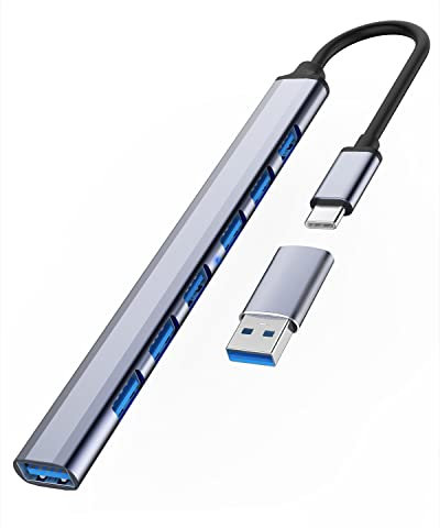 Adattatore USB C Hub 7 Porte, Ultra Thin Mini Distributore (3.0x1 + 2.0x6) in Alluminio Portatile Con Adattatore C a A per MacBook Pro/Air, Tastiera, Mouse e Altro
