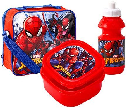 TDL Spiderman Insulated 3 Piece Lunch Bag, Sandwich Box & Bottle Set for School & Travel