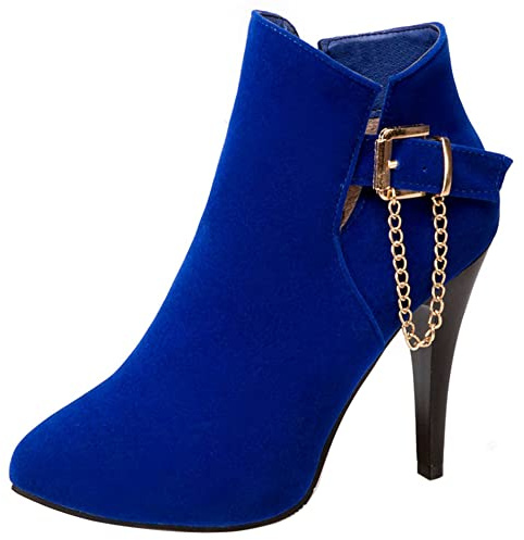 Botines Mujer Tacón de Aguja, Botas de Vestir Moda Zip Botines Tacón Alto Almond Toe con Plataforma Cadenas 344 Azul Talla 35 EU