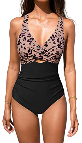 CUPSHE Damen Badeanzug Bauchweg Raffungen Crossover V Ausschnitt Zierausschnitten Tierdruck Einteilige Bademode Swimsuit Schwarz/Leopard XL