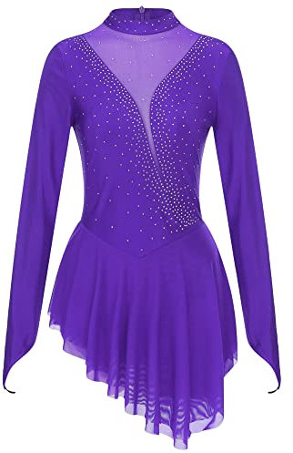 iEFiEL Damen Tanzkleid Patchwork Eiskunstlauf Kleid Langarm Kürkleid mit Strass Rollkunstlauf Wettbewerb Tanzanzug Violett M