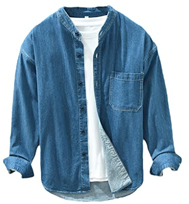 UIOKLMJH Camicia di Jeans A Maniche Lunghe da Uomo Cappotto Comodo con Colletto alla Coreana Allentato Letterario Semplice