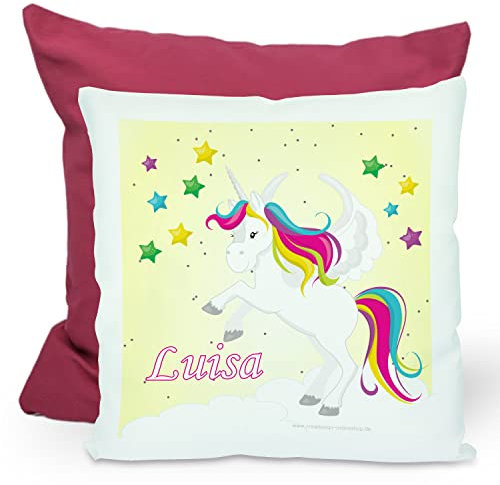 CreaDesign, Kinder Kissen 40x40 cm personalisiert mit Namen, Kinderzimmer Deko Kissen Kinder mit Füllung Federn, Motiv Einhorn gelb, Rückenfarbe Lila