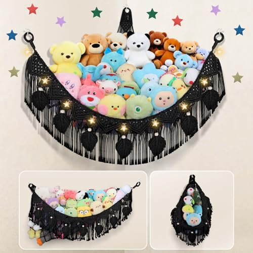 Stuffed Animal Storage Hammock Corner, 56'' Jumbo Boho Macrame Leaf Hanging Stuff Animal Holder for Teddy Plushie, Black Stuffed Animal Net Toy Storage w/Star Lights for Baby Girl Boy Gift