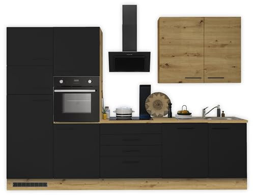 Laureen Moderne Küchenzeile ohne Elektrogeräte in Artisan Eiche Optik, Schwarz - Geräumige Einbauküche mit viel Stauraum - 310 x 211 x 60 cm (B/H/T)