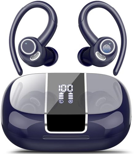 Csasan Bluetooth Kopfhörer Sport, Kopfhörer Kabellos Bluetooth 5.3 mit Ohrhaken, 48Std 3D Stereo In Ear Kopfhörer mit ENC Mic, LED-Anzeige, Touch Control, IP7 Wasserdicht Ohrhörer Dunkelblau(2024)