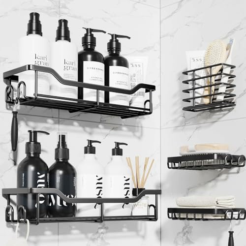 Kitsure 5 Pack Rustproof Shower Caddy - Minimalist Style Bathroom Shelves, Wall-Mounted Shower Shelf, Large Capacity&Durable Bathroom Accessory, Large, 5 Pack, Black