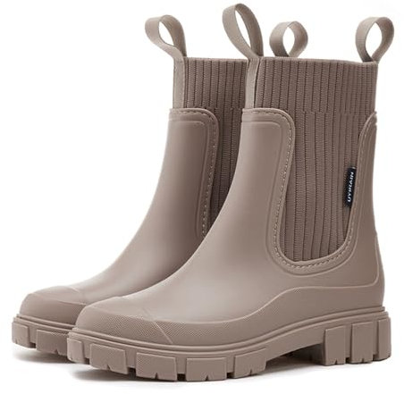 MIEHUIAI Gummistiefel Damen Halbhohe Regenstiefel Ankle Chelsea Boots Wasserdicht Gartenschuhe Rain Boots Stiefeletten mit rutschfest Sohle(Braun,38 EU)