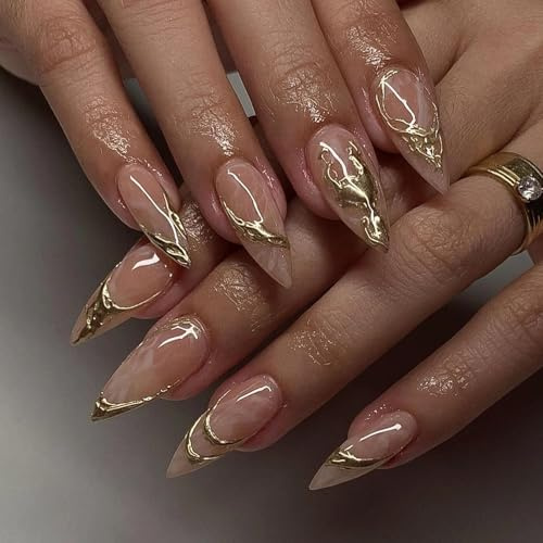 3D Handmade False Nails Medium, Almond French Tip Press on Nails with Gold Stripes Design, Full Cover Removable Natural Acrylic Glue on Fake Nails for Women and Girls Daily Wear, 12 Sizes