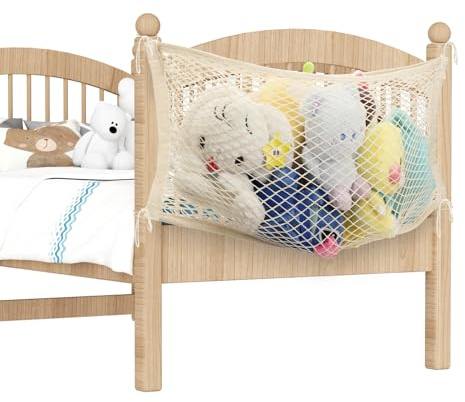 LAHAQIQI förvaringsnät för barn, mjuk gosig sängbord leksak organiserare hängande bomullsnät med fäste för sovrum (beige, 1-pack)