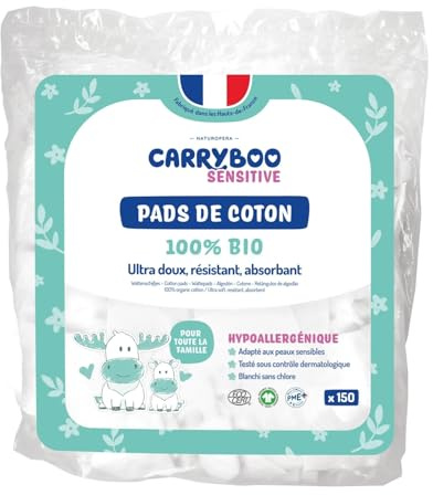 CARRYBOO - 150 Coton Pads Bébé 100% Bio - Ultra Doux pour Peaux Sensibles - Hypoallergénique - Change & Toilette - Fabriqués en France