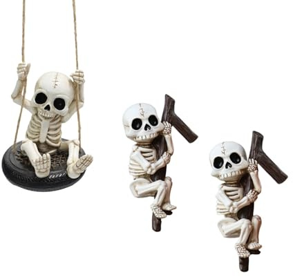 AWJUWHBJ 3 pezzi in resina altalena teschio ornamento scheletro figura appeso decorazione per interni ed esterni decorazioni per feste di Halloween decorazione portico di Halloween