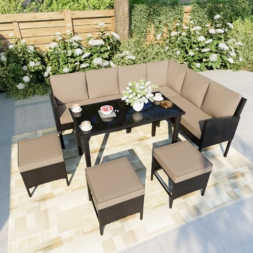 7 Pieces Patio Dining Set with Ottoman, Outdoor Conversation Sets with Glass Dining Table, Black Wicker Rattan Sectional Seating Sofa Group Furniture for Outside, Balcony, Garden, Khaki Cushions