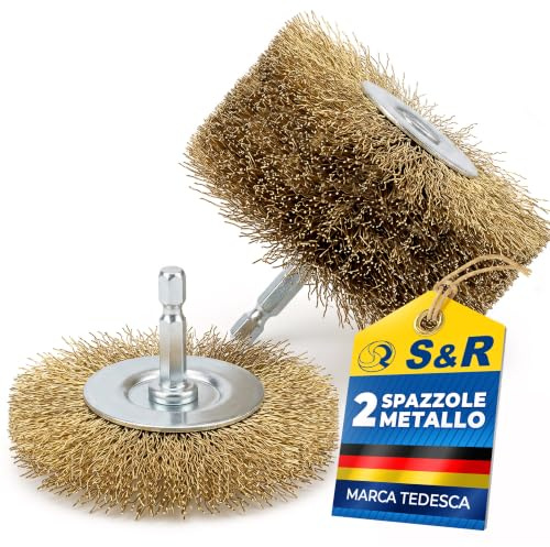 S&R Stålborstset 7-delar för borrmaskin ståltråd mässingspläterad - runt skaft 6 mm - skivborstar 38, 50, 75, 100 mm, koppborste 75 mm, borste 25 mm, Trådborsteset (Trådborste set 2 delar)