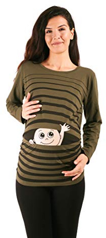 M.M.C. Ciao Ciao - Simpatica graziosa T-Shirt Premaman Manica Lunga per la Gravidanza (Cachi, Large)