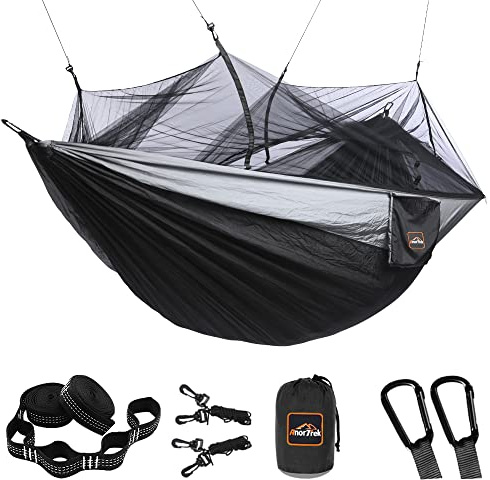 AnorTrek Camping Hammock with Mosquito Net, Double & Single Lightweight Portable Hammocks with Tree Straps, Parachute Hammock for Camping, Backpacking