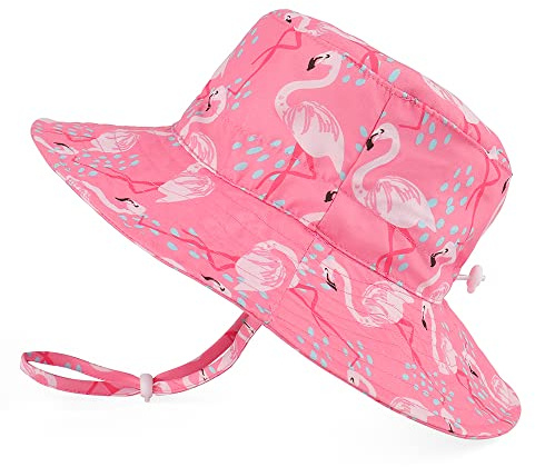LACOFIA Chapeau de Soleil Bob Réglable pour Bébé Bonnet d'été pour Enfant Fille Bord Large pour Piscine/Plage/Natation/Extérieure Flamant Rose 3-7 Ans