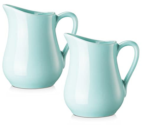 Gurygo 4 Ounce (Set/2) Creamer Pitcher with Handle, Small Classic White Fine Porcelain Creamer Container, Small Ceramic Pitcher for Coffee Milk, Microwave & Freezer Safe (Turquoise)