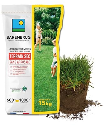 BARENBRUG - Césped Terrenos Secos sin riego - Resistente al Calor y a la Sequía - Gran Reducción del Riego - Autorreparación Natural - Ahorro de Agua - Fabricado en Francia - 15 Kg