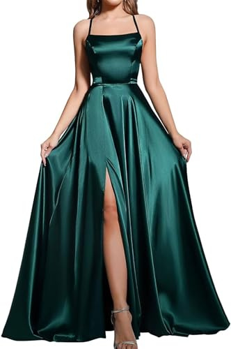 BABYONLINE D.R.E.S.S. Abito da cocktail, matrimonio, lungo, con spacco, sexy, con schiena scoperta, elegante, chic, abito da gala, ballo di fine anno, con strascico, verde scuro, 40