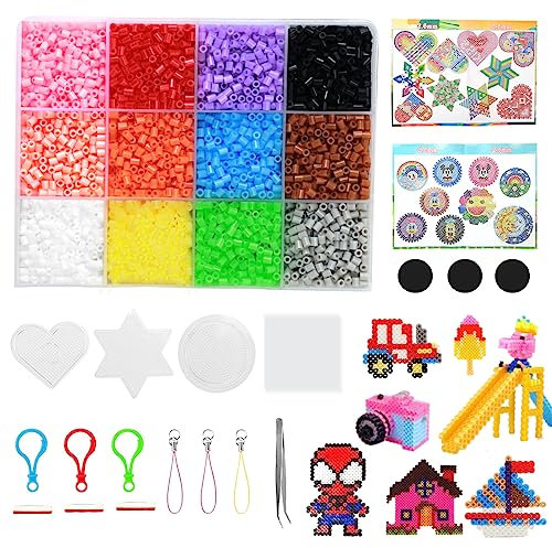 12 Farben Kreatives Bügelperlen Set für Kinder, 8000 Bügelperlen mit Bügelperlen Platten und Aufbewahrungsbox, DIY Bastelspaß für Jungen und Mädchen, Weihnachten Geburtstag Geschenk(2.6mm)