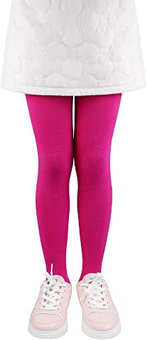L&K-II Mädchen Ballett Strumpfhose Tanzstrumpfhose mit Fuß 80 DEN Blickdicht Mikrofaser Farbig mit Spitzen und Blumenmuster 2779 Amaranth Rosa 134-140