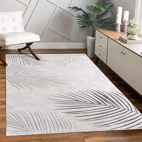 Paco Home Teppich Wohnzimmer Schlafzimmer Moderner Kurzflor glänzendes Palmen-Muster Florales Design Geometrisch Hoch-Tief-Effekt 3D, Grösse:240x340 cm, Farbe:Grau 2
