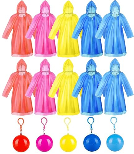 dogmoon Disposable Emergency Rain Ponchos, 10PCS Waterproof Raincoats Packaged in Keychain Ball with Hook, Disposable Rain Poncho with Hoods for Camping Cycling & Outdoor Activities(5 Color)