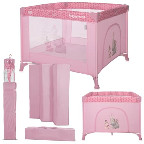Lorelli Baby Laufstall Playground, kleiner Laufgitter 100x100 cm, Absperrgitter mit atmungsaktivem Netz, Schutzgitter mit Reißverschlusstür, faltbarer Krabbelgitter, rosa