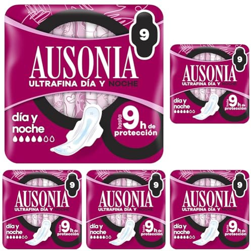 Ausonia Ultrafina Compresas con Alas, Noche, 9 Unidades, Hasta 9 Horas de Protección (Paquete de 5)
