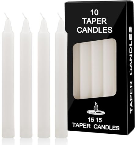 Bolosa 10 Stück Stabkerzen Weiß, Spitzkerzen,Lange Kerzen, Stabkerze, Lange Brenndauer, Geeignet für Bankette, Partys, Familienessen, 15x1,5cm