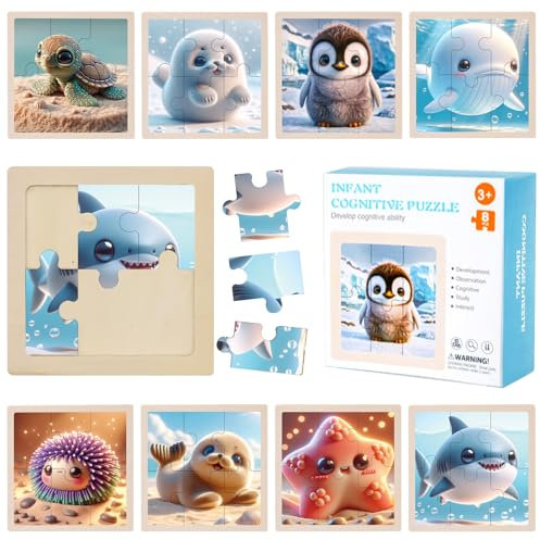 TECHEEL Kinderpuzzle 8 Stück, Puzzle Kinder ab 1 2 3 Jahre Holz Steckpuzzle für Kinder Mini Puzzle Spielzeug Puzzle Meerestiere Lernspielzeug für Kinder Geschenk Mädchen and Jungen