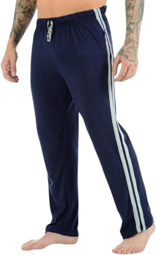 COSHAL® Herr loungwear träningsbyxor 2 sidor randiga öppna fållbyxor vardagliga svettbyxor herr träningsoverall herr loungebyxor herr nattkläder byxor, Marinblått Xsp, M