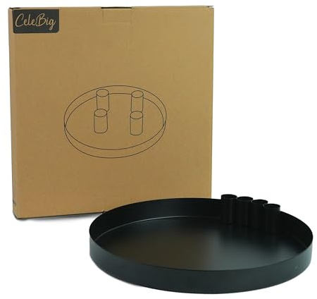 CeleBig® Dekotablett Ø30cm mit 4er Set Magnet Stabkerzenhaltern | Deko Tablett | Stabkerzenhalter Magnetisch | Kerzenständer | Kerzenhalter | Adventskranz | Weihnachten | Geschenkartikel | Schwarz