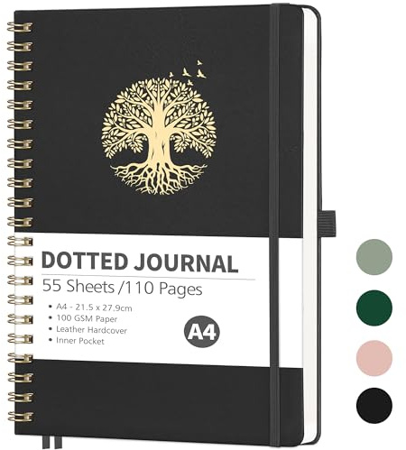 RETTACY Bullet Dotted Journal – A4-Notizbuch, Hardcover, Leder-Tagebuch, Punktraster, Notizbuch, 110 Seiten zum Schreiben, Hardcover-Skizzenbuch, mit Lesezeichen, Tagebuch-Schablonen, Innentasche –