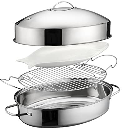 CHFYIJYHM Roasting Pan Elliptical Stainless Steel Oval Fish Steamer Pot Set Induction Compatible Multi Use Turkey Roaster Cooking Pot for Chicken, Lamb, Vegetable(Regular)