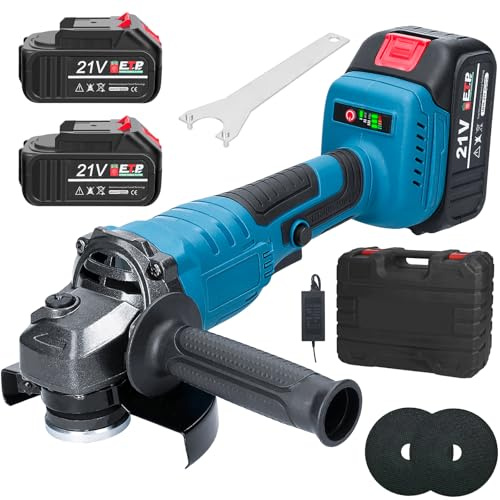 21V 4-1/2'' Cordless Angle Grinder, 125MM M14 Professional Electric Power Grinder, Battery Grinder Tool with 2-Position, 7500RPM Cordless Metal Angle Grinders for Cutting, Grinding, Polishing (Blue).