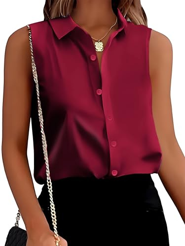 Mawor Womens Silk Satin Sleeveless Button Down Shirts Blouses Summer Collared V Neck Tank Top for Work Office Business Dressy Casual Wine Red XXL