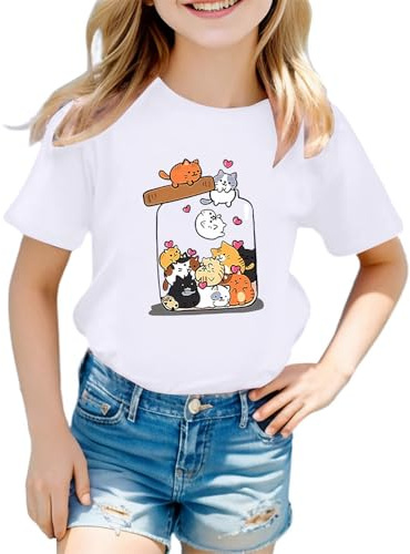Short Sleeve T Shirts Kids Girls Round Neck Cat Graphic Girls Tshirts Teenage Summer Comfy Cute Cartoon Casual Athletic Loose School Blouse Tops 3-12 Years (White, 8-9 Years)
