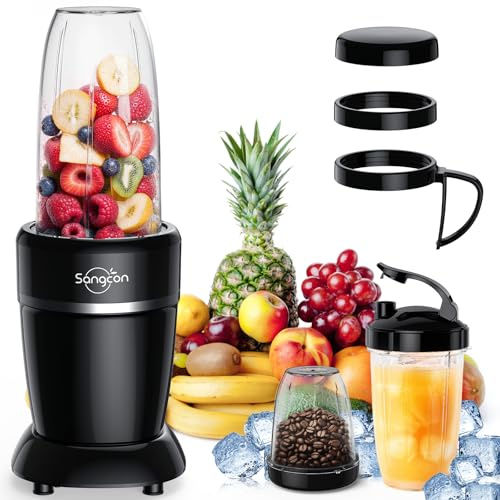 Sangcon 1000W Blender for Smoothies, Powerful 22000 RPM Blenders for Kitchen with 3 Cups+2 Spout Covers+1 Storage Cap+1 To-Go Cap, Portable Blender for Shakes and Smoothies，Personal Smoothie Maker