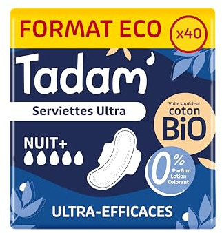 TADAM’ - Serviettes Hygiéniques Dermo-Sensitives - Protections Hygiéniques Femme Ultra Fines avec Ailettes - Flux Normal - Extra Absorbantes - A base de Coton Bio - Confort Nocturne