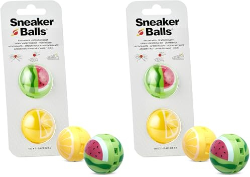 Sneaker Balls Déodorant & Boules Rafraîchissantes, Élimine les Odeurs de Chaussures/Sacs de Sport/Casiers, Diamètre 3,8 cm, Action Rotative Rapide, 90 Jours de Fraîcheur - Pastèque/Citron (Lot de 2)