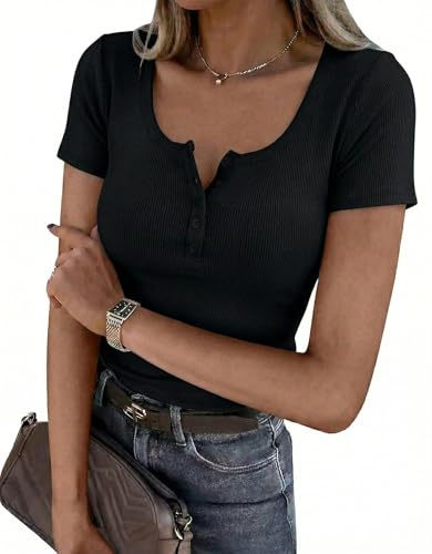 Zeagoo T-shirt dam, slim fit toppar, rund hals, ribbad t-shirt, Henley-skjortor, kortärmad, lediga sommartoppar, XS-XL