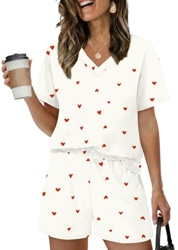 Rapbin Pyjama pour femme à manches courtes - Joli ensemble de pyjama à col en V - Ensemble de vêtements de détente pour femme - Short de pyjama deux pièces - Vêtements de nuit doux