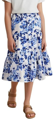 Happy Cherry - Niña Falda Midi Elegante con Estampado Floral Verano Primavera Faldas Largas Corte A Escalonada Niñas Cintura Elástica para Mar Playa Vacaciones Diario Escuela - 9-10 Años - Azul