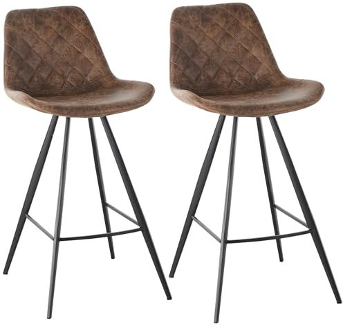 HOMCOM Set Of 2 Bar Stools Vintage Microfiber Cloth Tub Seats Padded Comfortable Steel Frame Footrest Quilted Home Bar Cafe Kitchen Chair Stylish Brown